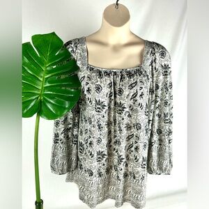 NEW Lucky Brand Square Neck long sleeve patterned top plus size 2X